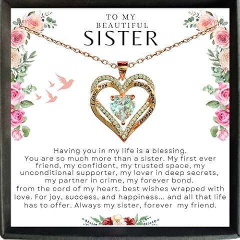 Meaningful Gift for sister, Necklace for Sister birthday, Necklaces for Sister from Brother or Sister with Personalized Message 18K Gold Rose Jewelry for Sister & Sister in Law (Double Heart - Sister, Standard box) Cover