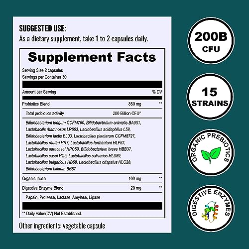 Image of UpNourish Probiotics - 200 Billion CFUs for Men and Women, 15 Clinically Studied Strains, Prebiotics & Enzymes - 60 Vegan Capsules
