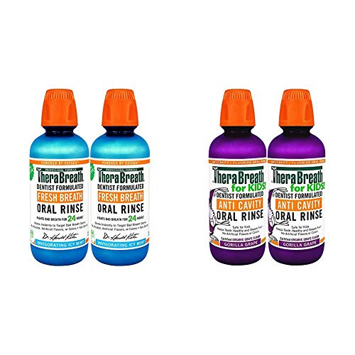TheraBreath Gluten-Free Fresh Breath Oral Rinse, ICY Mint, 16 Ounce Bottle (Pack of 2) and TheraBreath Kids Anti-Cavity Oral Rinse, Organic Gorilla Grape Flavor, 16 Oz, Pack of 2
