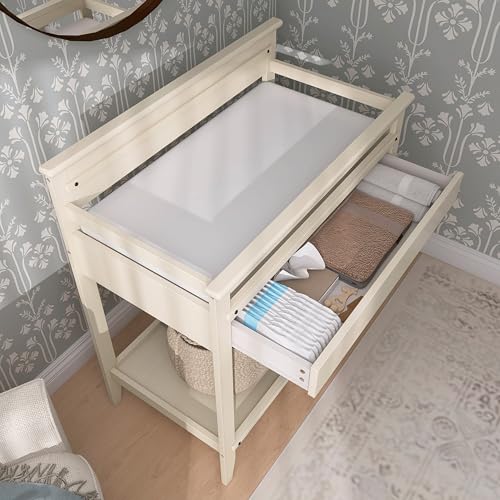 Image of Sweetpea Baby Bayfield Changing Table in Glazed Brush White, BSA & Greenguard Gold Certified, Made of Sustainable New Zealand Pinewood, Easy to Assemble, Non-Toxic Finish