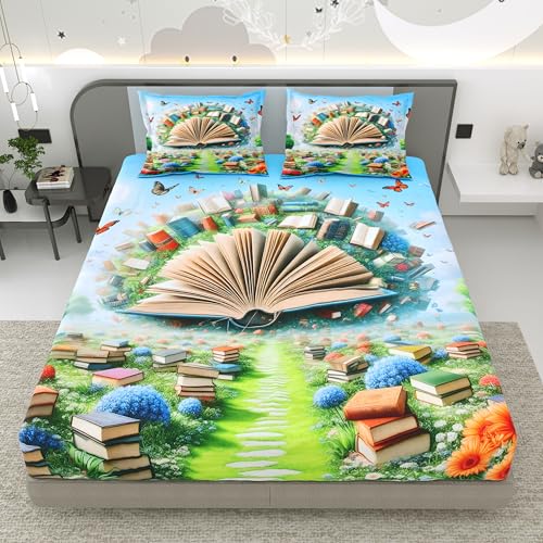 Image of Dream Weaverz 7D Bedsheet for Double Bed King Size with 2 Pillow Covers | Digital Printed & Fitted Elastic for Kids | Soft Glaze Cotton Feel | Fits Upto 12 Inch Mattress (Book)
