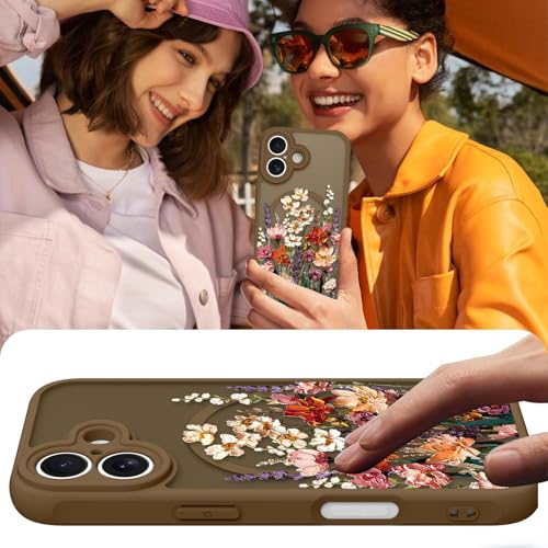 Image of Magnetic for iPhone 17 Case for Women Girls, Brown Floral | Cute Oil Painting Flower Pattern Design [Compatible with MagSafe] [Full Camera Protection] Slim Bumper Matte Protective Cover