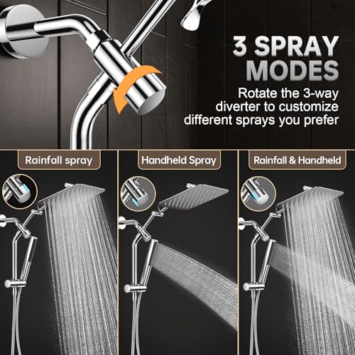 Image of Veken All Metal 10 inch Shower Head with Handheld, Luxurious Square Double Rain Shower Heads with Spray Combo, Dual High Pressure Detachable Rainfall Showerhead with Extension Arm, Long Hose,Chrome,Sliver