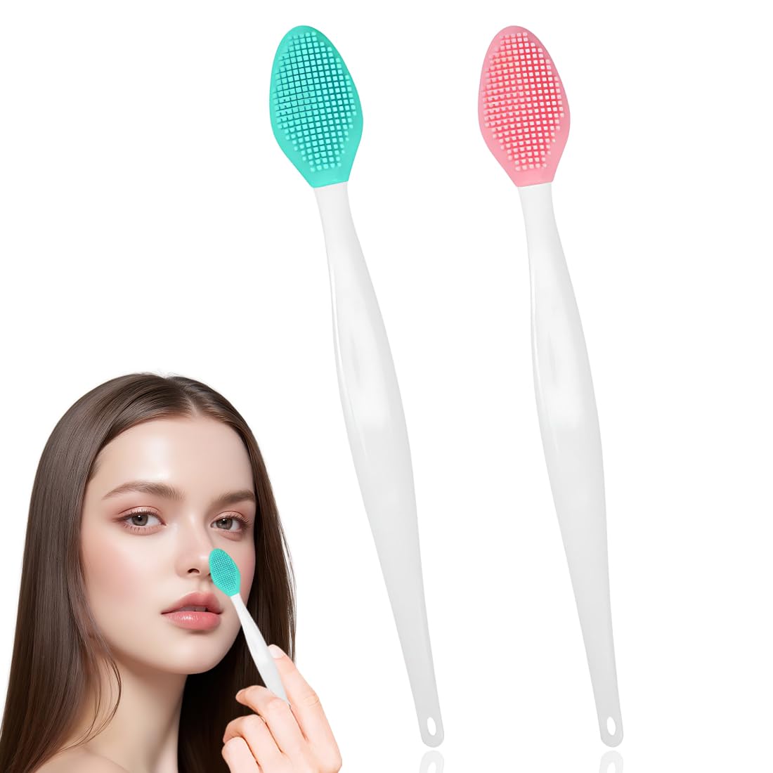 2 brosses à gommage des lèvres en silicone double face et des brosses de nettoyage des points noirs ; utilisables aussi pour le nettoyage du visage, disponibles en diverses couleurs (rose, vert)