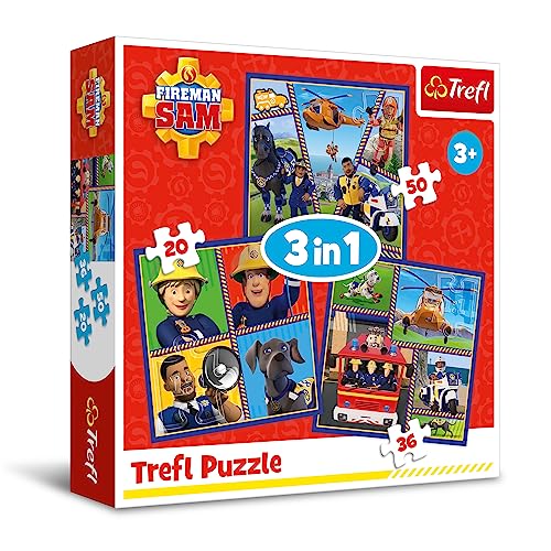 Trefl - Fireman Sam, El Día de Sam el Bombero - Puzle 3en1, 3 Rompecabezas, de 20 a 50 Piezas - Puzle de Colores con los Personajes de la Serie Infantil, Colaje, Distintos Grados de dificultad