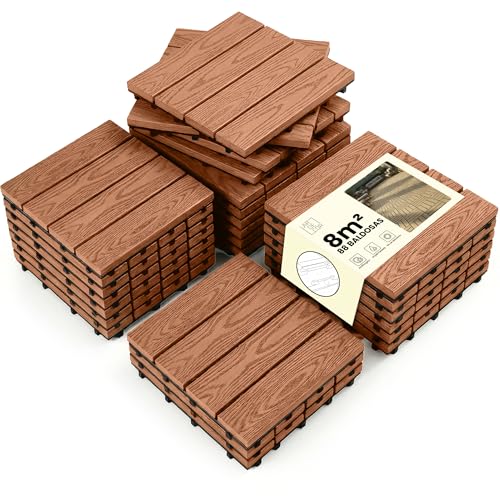 LARDECOR - Baldosas Encajables WPC 30x30 cm para Suelo, Pack 88 Piezas, 8 m², Losetas para Terraza, Balcón, Patio y Jardín, Diseño con Drenaje y Superficie Antideslizante (Madera Roja)