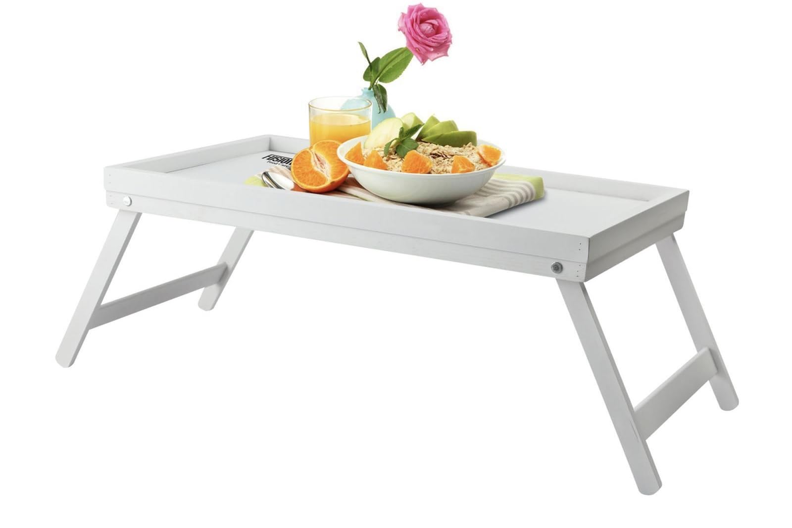 Adeptna White Real Bamboo Wooden Folding Breakfast Tray With Folding Legs Breakfast Lunch Dinner Serving Lap Tray Table Mate (White)