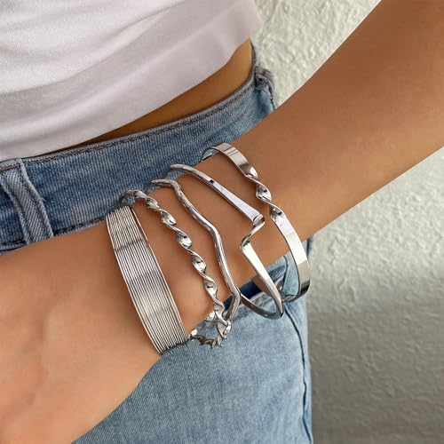 IFKM Silver Bangles Bracelets For Women, Multi Layer Stackable Open Cuff Bracelet Set, Trendy Elegance Charms Non Tarnish Minimalist Textured Boho Jewelry Gift for Women2