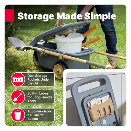 Image of Step2 EverTough Garden Hopper Rolling Gardening Cart with Seat, Heavy-Duty Wheels, Tool Storage, Durable Resin Yard Wagon, Easy to Clean, 300 lb Capacity