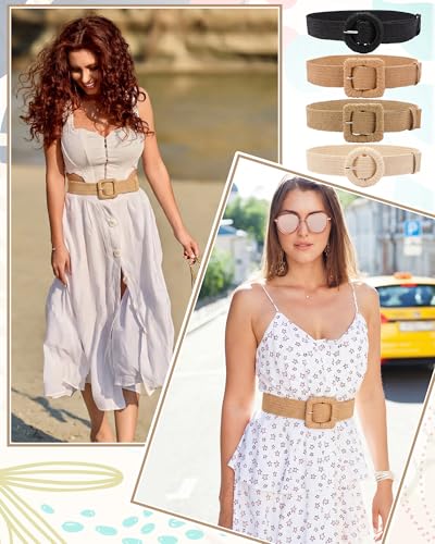 Image of WILLBOND 4 Pcs Women's Elastic Raffia Woven Belt, Boho Rattan Buckle Stretch Straw Wide Waist Belt for Dresses Jeans Pants