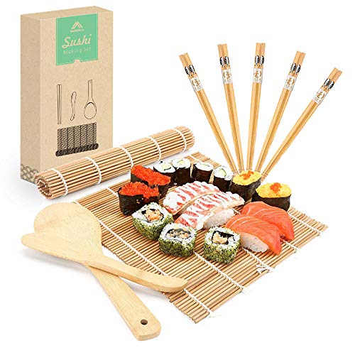 MUDEELA Bamboo Sushi Rolling Mat Sushi Making Kit 9 Pcs Beginner Sushi Mat Includes 2 Rolling Mats 5 Pairs Chopsticks Paddle Spreader Beginners Guide (PDF) Roll On Sushi Maker Kit