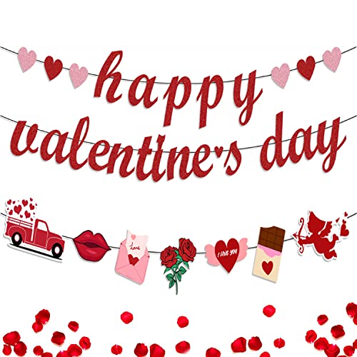 Image of FestikoHappy Valentines Day Banner with Heart Garland, Red Pink Glitter Valentines Banner, Valentines Day Decorations Garland for Fireplace Home Wedding Anniversary Party