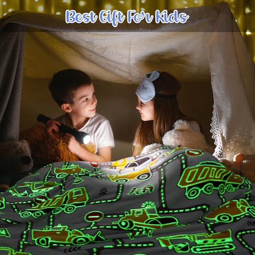 Image of Construction Truck Toys Gifts for Boys - Glow in The Dark Excavator Blanket Birthday Valentines Easter Christmas Decor Presents for Kids Age 1-14 Years Old Teens Child Toddler Son Soft Throw 50 inchx60 inch