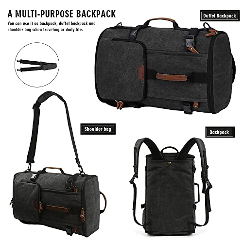 G-FAVOR Travel Backpack, 40L Vintage Canvas Rucksack Convertible Duffel Bag Carry On Backpack Fit for 17.3 Inch Laptop Bag (Black)
