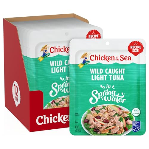 Chicken of the Sea Wild Caught Light Tuna in Spring Water, 5 Ounce Packets, 12-Count – High Protein 100% Skipjack Tuna in Water – Easy, Delicious, Nutritious Ready to Eat Meals