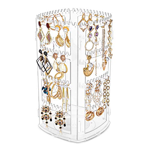 Earring Holder and Jewelry Organizer, 360Â° Rotating Earring Organizer, 4 Tier Acrylic Earring Display Stand, Clear Jewelry Rack for Necklaces Earrings Piercings Bracelets (160 Holes and 168 Grooves)