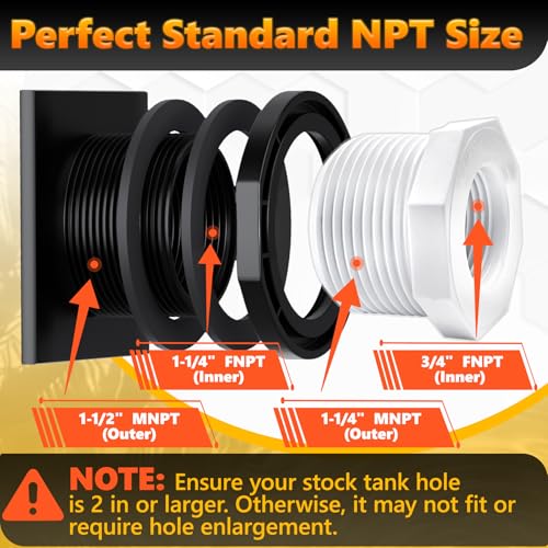 Image of Stock Tank Drain Plug Kit Include 1-1 /4 inch x 3 /4 inch Pipe Reducer Hex Bushing Fit for rubbermaid commercial 50 70 100 150 300 Gallon Stock Tanks Five Years Free Replacement