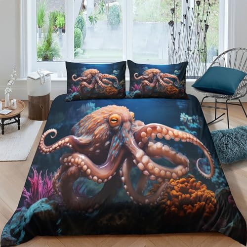 Housse de couette pieuvre 200x200cm avec 2 taies d'oreiller lit double