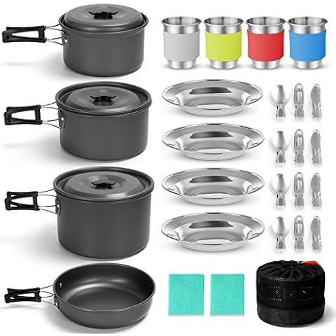 Odoland Camping Cookware Kit for 4 People, Non-Stick Lightweight Pots Pan Set with Stainless Steel Cups Plates Forks Spoons for Camping, Backpacking, Outdoor Cooking and Picnic Cover