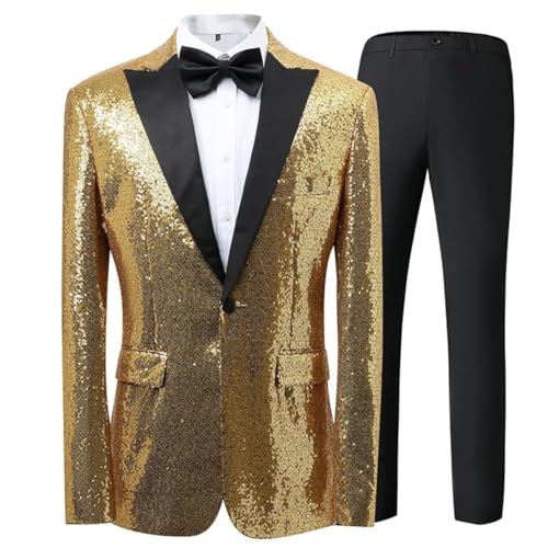 Pohullan Men Two-Piece Suit Sequin Long Sleeve Single Breasted Jacket with Black Pants Wedding Casual Suit Gold M