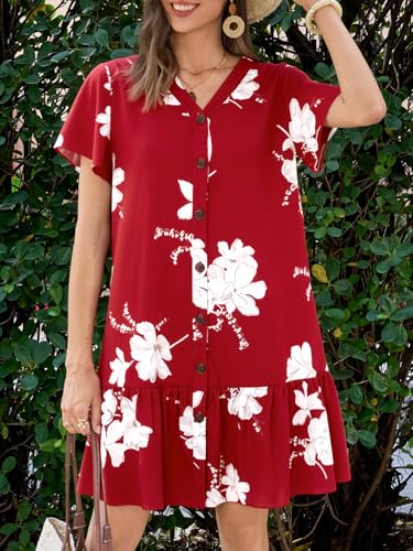 Image of Imysty Womens Polka Dot V Neck Button Down Ruffles Loose Mini Short T-Shirt Dress