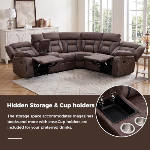 Image of EBELLO Manual Reclining Sectional Sofa for Living Room, L-Shaped Sectional Corner Reclining Sectional Couches Home Furniture Set with Center Console, Hidden Cup Holders and Storage, Grey