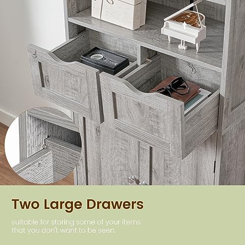 Image of Iwell Storage Cabinet with 2 Drawers & Adjustable Shelf, Tall Bathroom Cabinet with Doors, Cupboard, Kitchen Cabinets for Living Room, Dining Room, Entryway, Grey