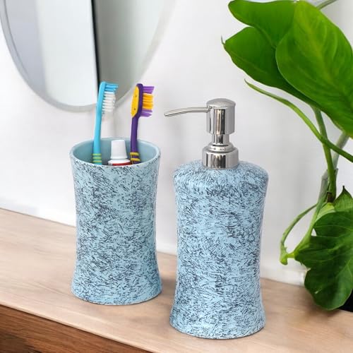 Image of Hand-Painted Ceramic Bathroom Accessories Set of 2 | 300ml Liquid Soap Dispenser & Toothbrush Holder | Rust-Proof Bathroom Organizer for Home & Wash Basin Decor | Blue