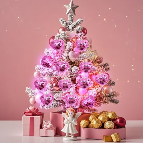 24 Valentine’s Day Disco Ball String Lights LED Love-Heart Mirror Disco Ball Ornaments Bachelorette Party Supplies Mini Disco Ball Tree Ornament Disco Ball with String (Pink)