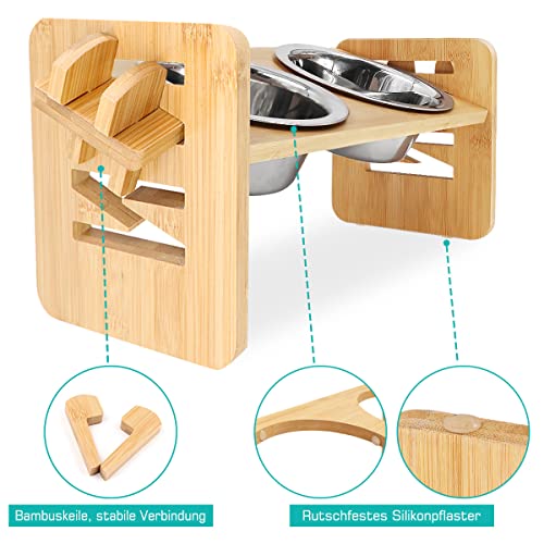 Qlfyuu erhöhter Hundenäpfe, höhenverstellbar Futternäpfe für Hund und Katze Hundenapf Katzenapf mit Bambusständer, 2 Edelstahl Fressnäpfe, Futterstation für Katzen und kleine Hunde - Image 5