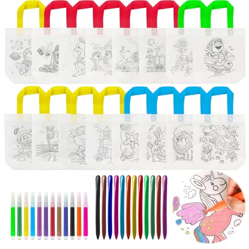 Lot de 16 Sacs en Tissu pour Enfants à Peindre, Sac a Colorier Enfant avec 12 Crayons de Couleur...