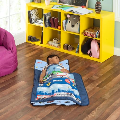 Image of Everyday Kids Toddler Nap Mat with Removable Pillow -Fire Police Rescue- Carry Handle with Fastening Straps Closure, Rollup Design, Soft Microfiber for Preschool, Daycare, Sleeping Bag -Ages 2-4 years