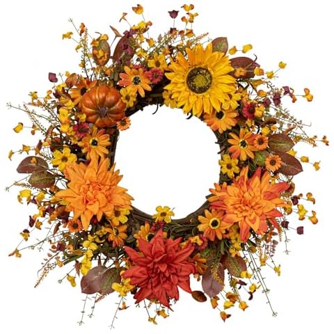 JINGHONG Fall Wreaths for Front Door 22 Inch Artificial Fall Wreath Autumn Flower Wreath with Sunflower Daisy Dahlia Pumpkin for Indoor Outdoor Window Wall Porch Harvest and Thanksgiving Celebration Cover