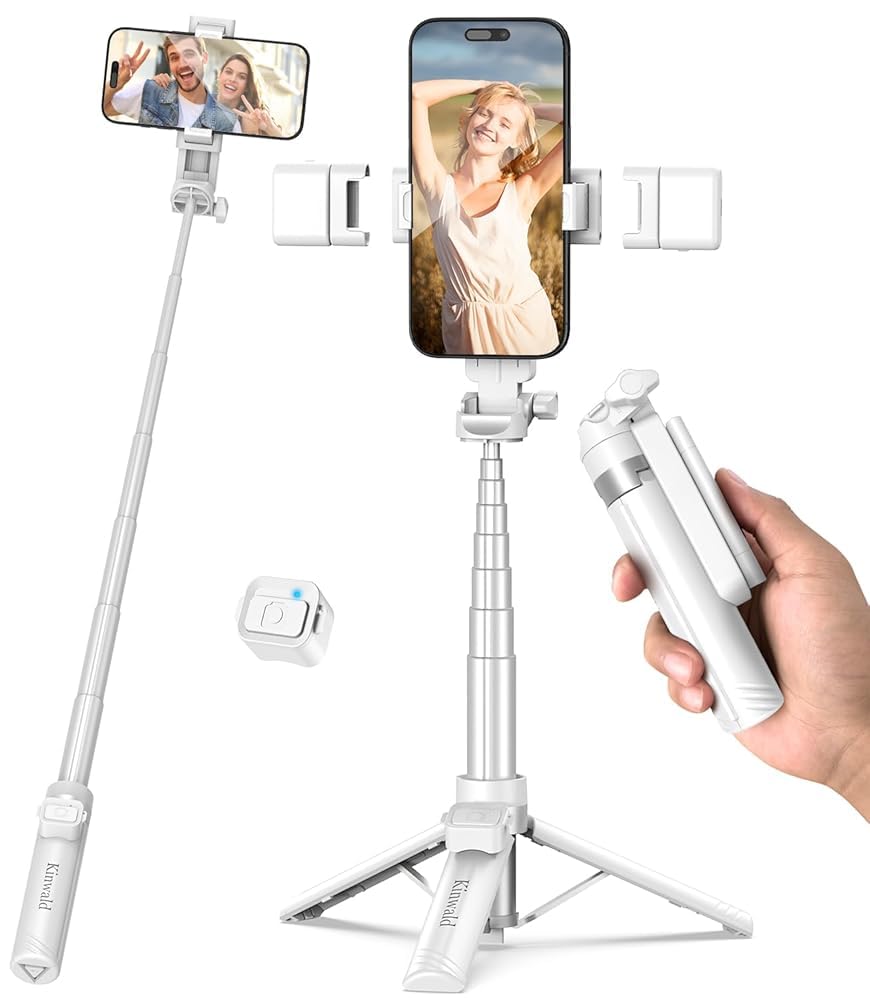 Treppiede per telefono 3 in 1 con luci LED e telecomando, supporto estensibile per selfie, compatto, portatile, con telecomando Bluetooth per iPhone/Android, vlogging e fotografia (bianco)