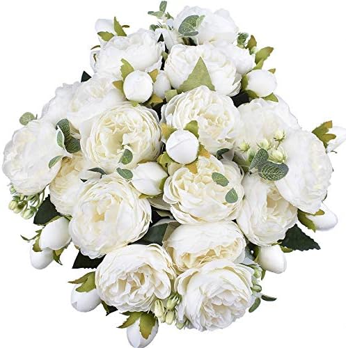 XONOR 4 Packs Artificial Peony Silk Flowers Fake Glorious Flower Bouquets for Wedding Party Bridal Home Decoration (White)