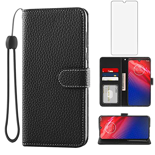 Asuwish Phone Case for Moto Z4/Moto Z 4 Play/MotoZ4 Force with Tempered Glass Screen Protector and Wallet Cover Card Holder Slot Stand Motorola 4Z Motoz4cases MotoZ4Play XT1980-4 2019 Women Men Black