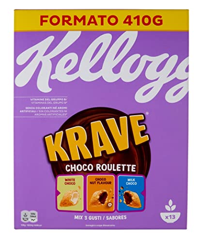 Kellogg's Krave Choco Rulette Cerealen - Juego de 6 paquetes de trigo, avena y arroz con relleno de chocolate con leche, 410 g