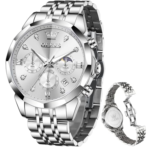 Image of OLEVS Watch for Men Luxury Gold Diamond Chronograph Business Wristwatch with Analog Quartz, Date Calendar, Stainless Steel Band, Luminous Hands, Waterproof