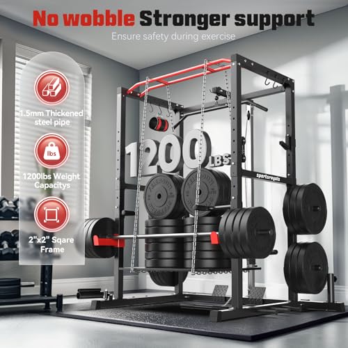 Sportsroyals Power Rack:  Multi-Functional Home Gym Cage with LAT Pulldown, Squat Rack, and 1200 lbs Capacity (Red)