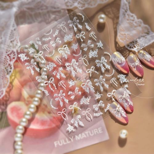 Image of NBNTGH Pearl Bow Nail Stickers - 5D Elegant Self Adhesive Nail Decals White Lace Design for Women Manicure DIY Decoration Accessories (1 Sheet)