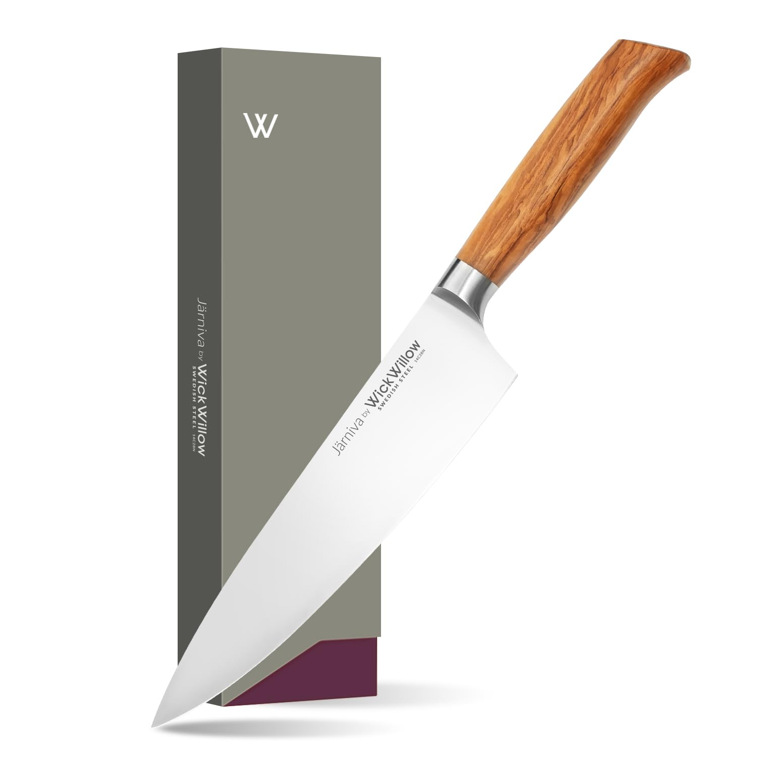 WICKWILLOW 8” Chef Knife – Swedish Steel, Professional, Olive Wood