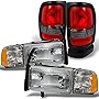 AKKON - For 1994-2002 Dodge Ram Headlights w/Corner Lights Pair Set Replacement + Red Clear Tail Lights Combo Sets