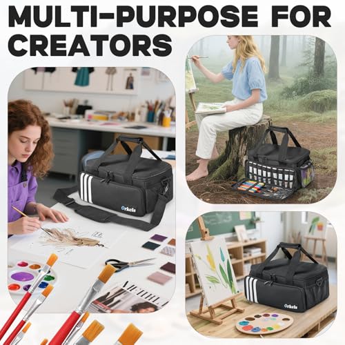 Image of ORKELS Craft Paint and Marker Organizer, Acrylic Paint Storage Bag with Brush and Bottle Holders, Large Marker Carrying Case for Artists (Black)
