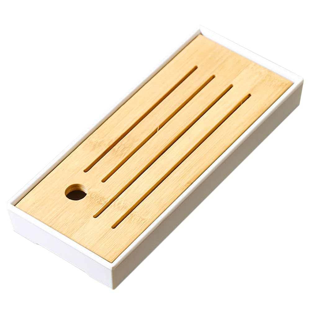 Amosfun Bamboo Tea Tray, Chinese Kungfu Tea Serving Tray Vintage Tea Set Water Storage Bamboo Tea Table for Ottomans Coffee Tea Table Living Reception Room White