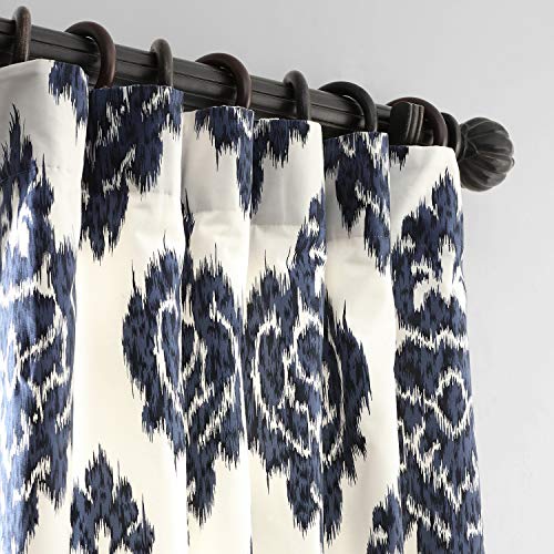 Image of HPD Half Price Drapes Ikat Printed Curtains Luxury Damask Cotton Curtains 96 Inches Long (1 Panel) Room Darkening Window Curtains for Bedroom & Living Room, 50W x 96L, Ikat Blue Damask