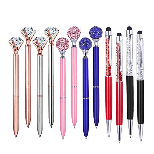 Mocturnity 12 bolígrafos Big Crystal Diamond + 2 en 1 universal Slim Stylus Pen capacitiva + lápiz de estrás (6 colores mezclados)