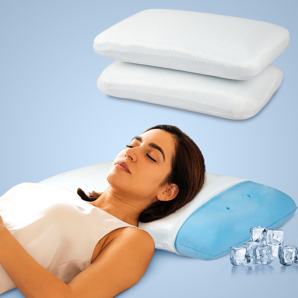 amazon basics Memory Foam Cooling Gel Orthopedic Pillow Set of 2 | Highly Breathable | Suitable for Shoulder Pain Relief, Back Sleeper, Side Sleeper & Stomach Sleeper (22 x 15 x 4 inch)-image-23