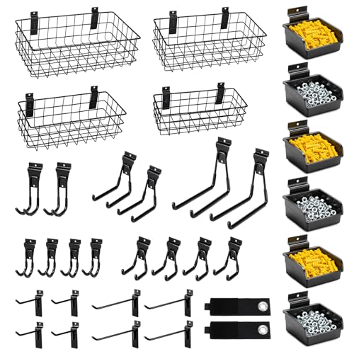 Dmprosel 34PCS Slatwall Accessories Set: Baskets Hooks Set Screw Bins