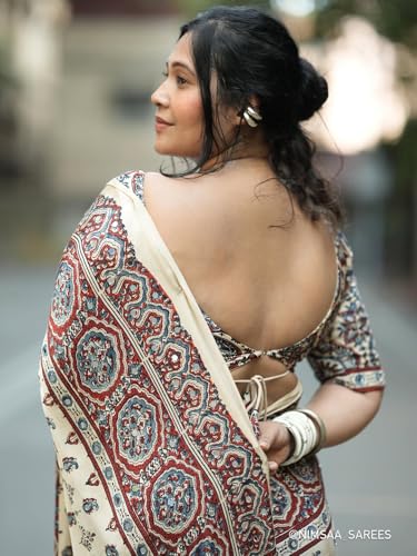 Image of Ajrakh Print Saree, Cream, Cotton, Mirror Work Embellishment, Ethnic Style with Tassels