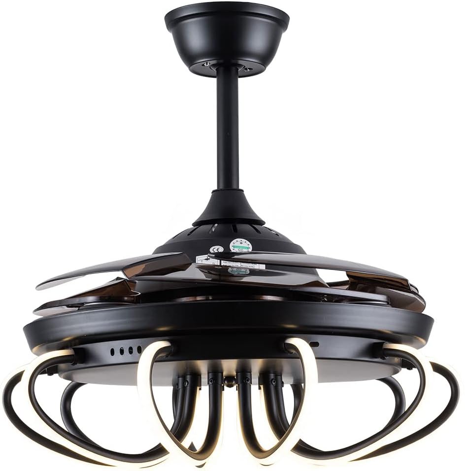 Creative Design Black Ceiling Fan with Light,Postmodern LED Chandelier Fan with 4 Retractable Blade and Remote 3 Color Changing Indoor Fandelier,42 Inch